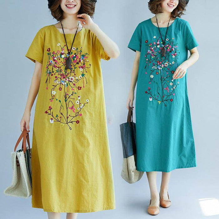 Ethnic Style Embroidered Cotton Linen Medium Length Dress - Magellan Fashion Shop