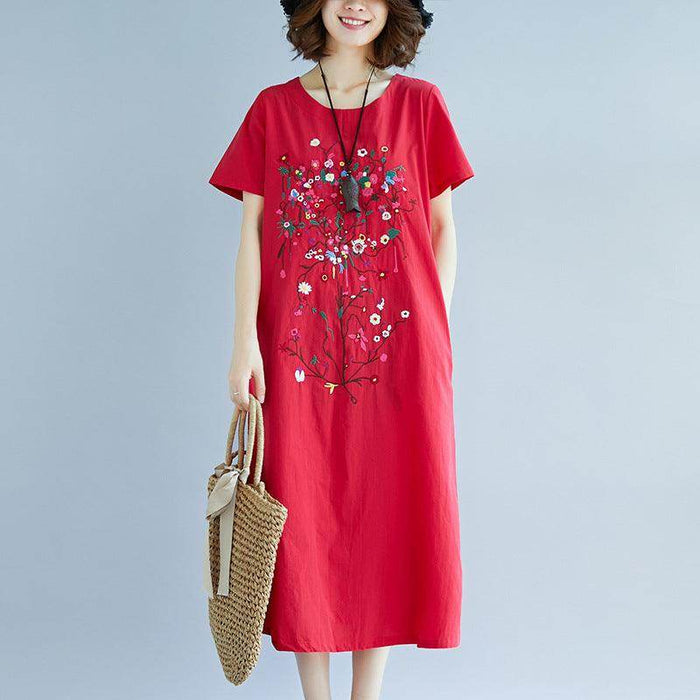 Ethnic Style Embroidered Cotton Linen Medium Length Dress - Magellan Fashion Shop