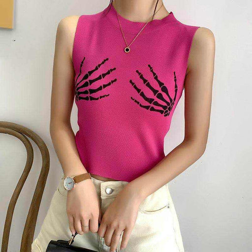 Fashionable sleeveless T-shirt available in black, red, yellow, and white with stylish short print designs.