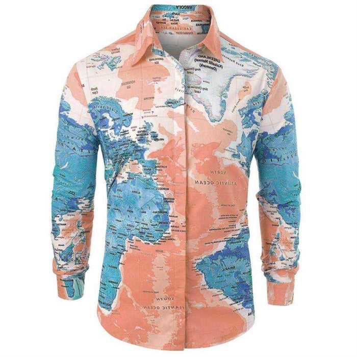 Men Shirt World Map Print HiddenG Button Slim Fit Shirts - Magellan Fashion Shop