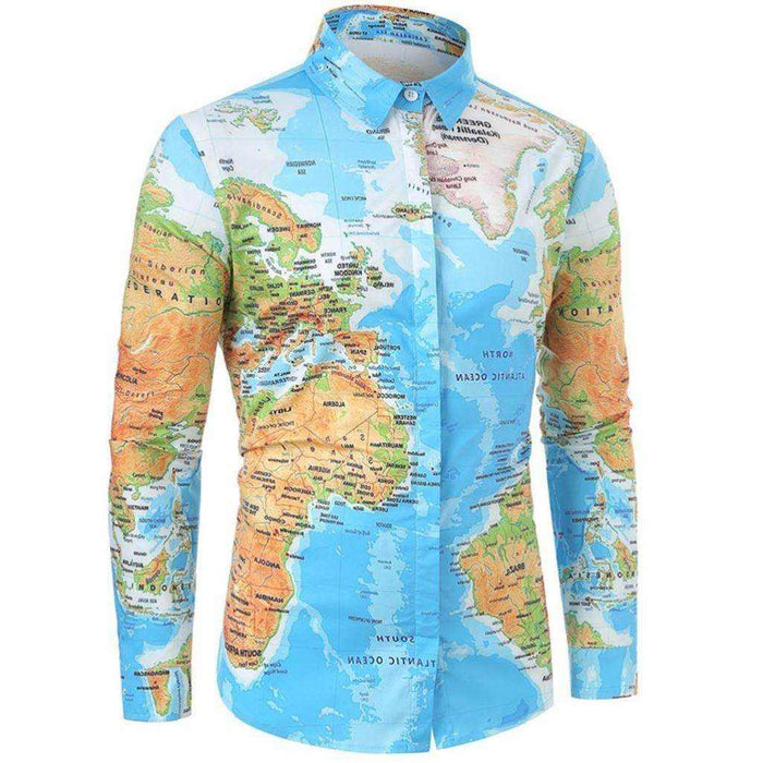 Men Shirt World Map Print HiddenG Button Slim Fit Shirts - Magellan Fashion Shop