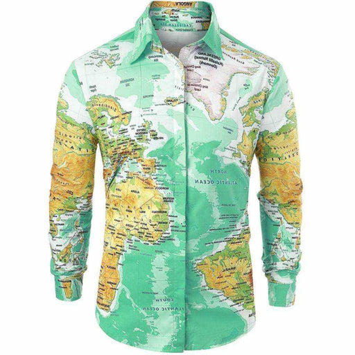 Men Shirt World Map Print HiddenG Button Slim Fit Shirts - Magellan Fashion Shop