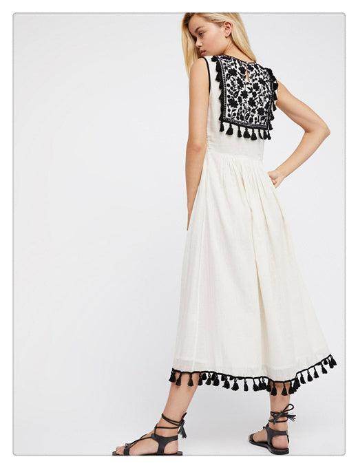 Bohemian Embroidered Floral Fringe Sleeveless Vest Dress - Magellan Fashion Shop