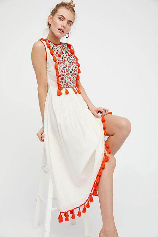 Bohemian Embroidered Floral Fringe Sleeveless Vest Dress - Magellan Fashion Shop
