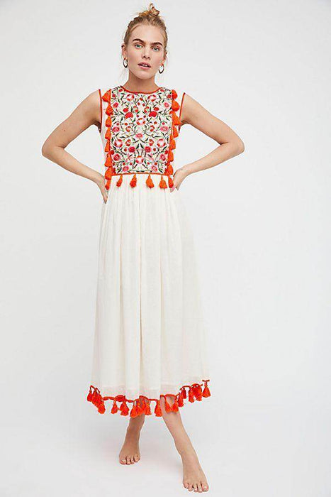 Bohemian Embroidered Floral Fringe Sleeveless Vest Dress - Magellan Fashion Shop