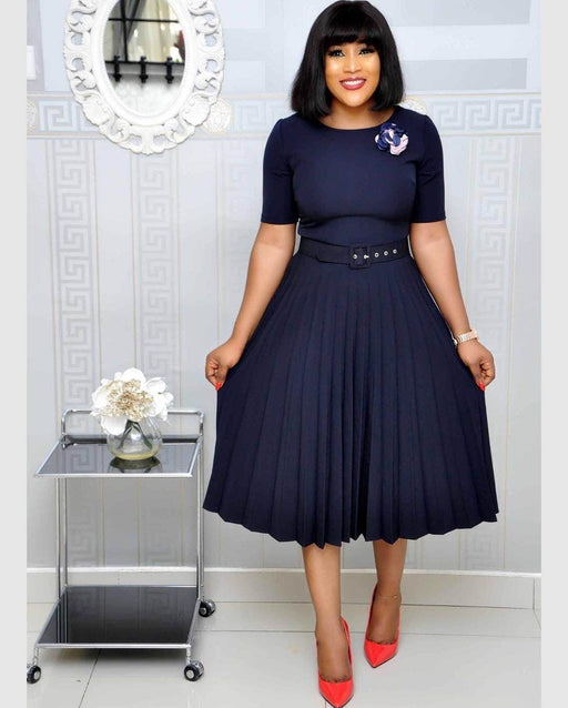 Round Neck Plus Size Mother's Dress Female Pleated Dress - Magellan Fashion Shop