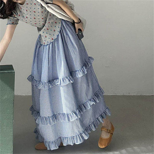 Plaid Elastic Waist Ruffled Tiered Skirt Long Dress For Women - Magellan Fashion Shop
