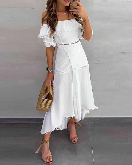 Off Shoulder Half Sleeve Ankle-Length Patchwork Pullover Womens Dress - Magellan Fashion Shop