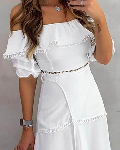 Off Shoulder Half Sleeve Ankle-Length Patchwork Pullover Womens Dress - Magellan Fashion Shop