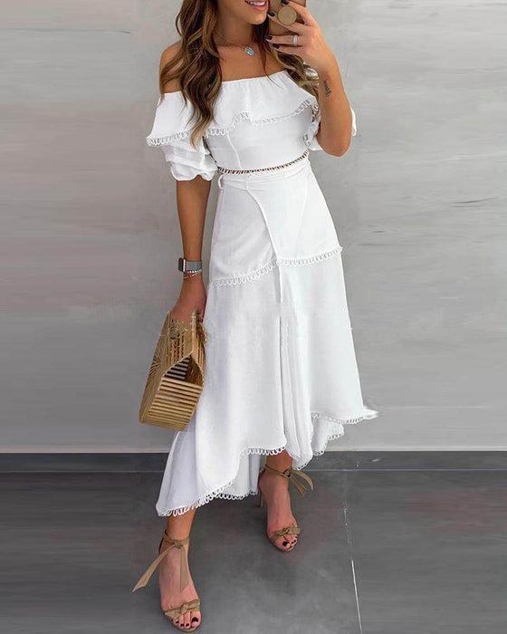 Off Shoulder Half Sleeve Ankle-Length Patchwork Pullover Womens Dress - Magellan Fashion Shop