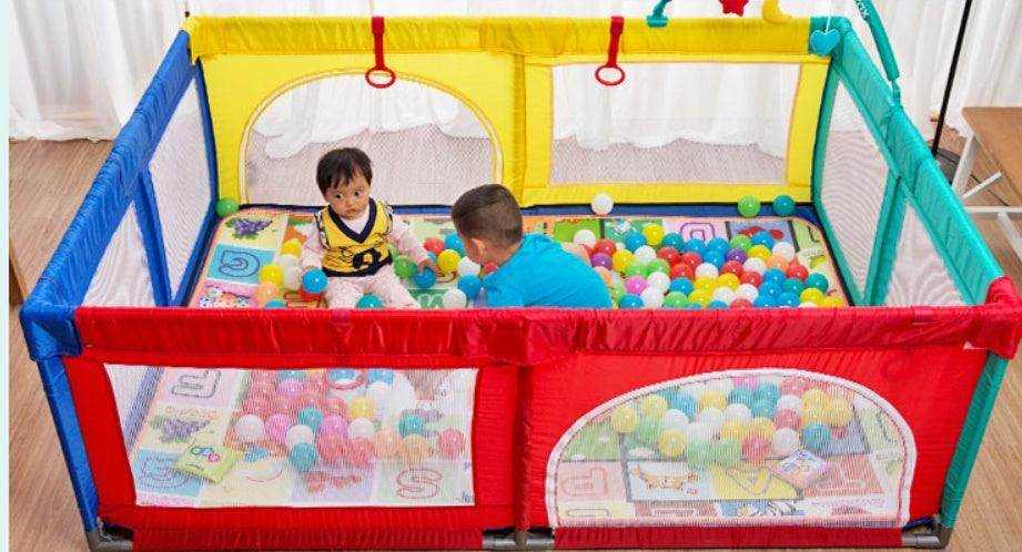 Baby crawling mat with soft cushioned surface and durable toddler fence for safe playtime