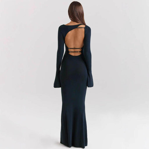 Solid Color Long Fashionable Elegant Backless Slim Fit Long Sleeve Dress - Magellan Fashion Shop