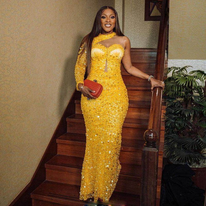 Sequined Pearl Embroidery Lace Asymmetric Single Sleeve Dress - Magellan Fashion Shop