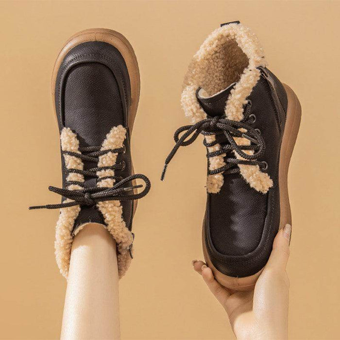 Lace-up Plush Snow Boots Winter Warm Fleece Flat Shoes For Women Fashion Casual Ankle Boot - Magellan Fashion Shop