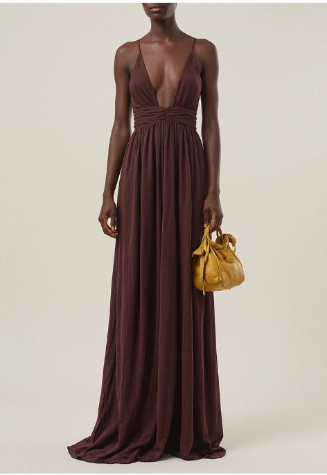 Brown Low-cut Pleated Maxi Dress - Magellan Fashion Shop