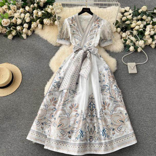 Women's Printed Tie Waist Long Dress - Magellan Fashion Shop