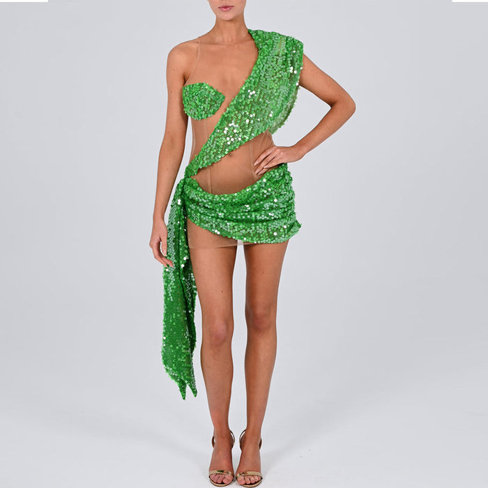 Sexy See-through Sequins  Shoulder Stitching Dress