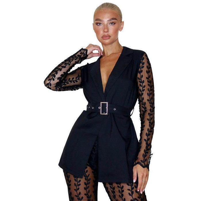 sleeved Top Bell-bottom Pants Suit Women Including Belt - Magellan Fashion Shop