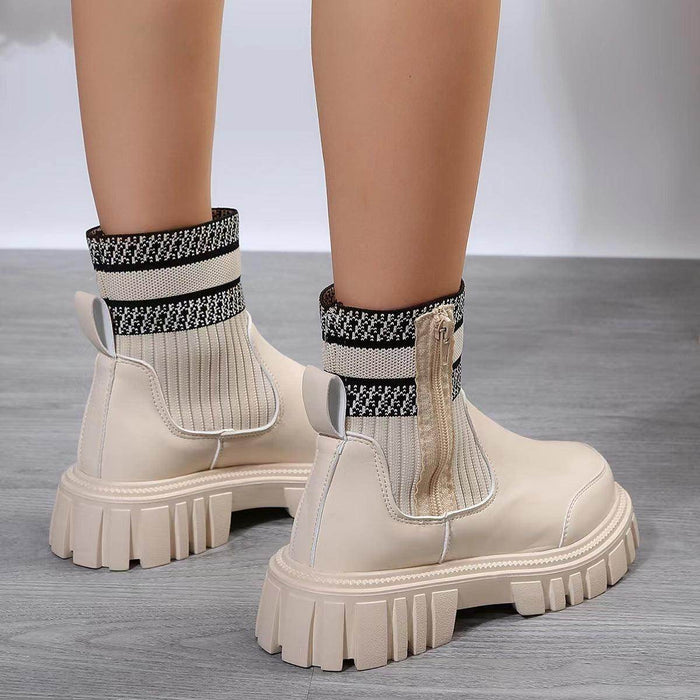Fashion Mid-tube Boots With Zipper Design Non-slip Thick Sole Elastic Knitted Patchwork Boots - Magellan Fashion Shop