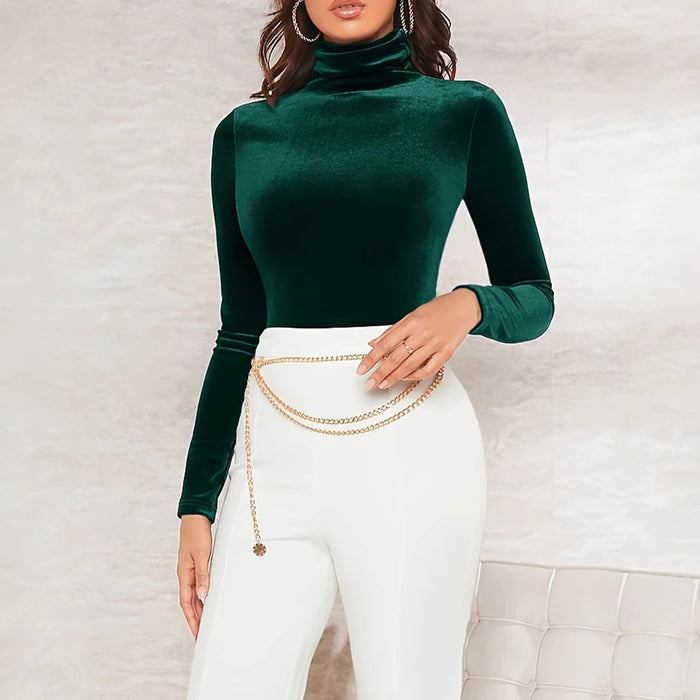 Women's Velvet Turtleneck Top Solid Color Long Sleeve Elegant Slim T-shirt