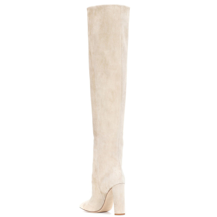 Pointed chunky heel pleated knee high boots