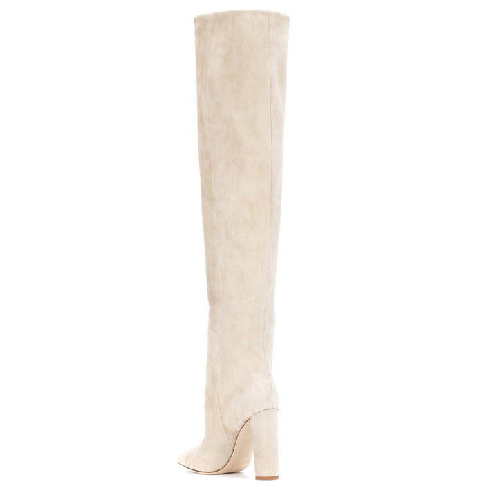 Pointed chunky heel pleated knee high boots