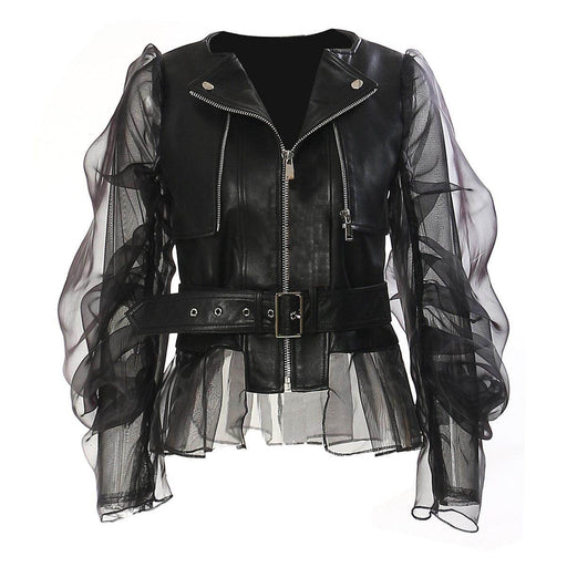 Domineering Stitching Mesh Transparent Leather Coat Motorcycle Jacket - Magellan Fashion Shop
