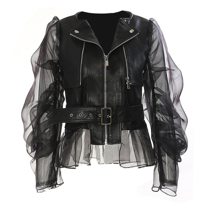 Domineering Stitching Mesh Transparent Leather Coat Motorcycle Jacket - Magellan Fashion Shop