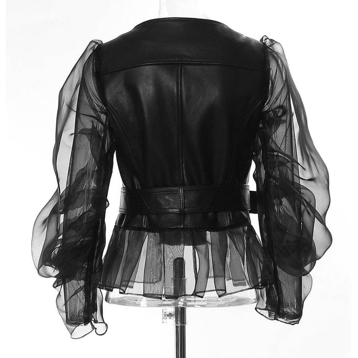 Domineering Stitching Mesh Transparent Leather Coat Motorcycle Jacket - Magellan Fashion Shop