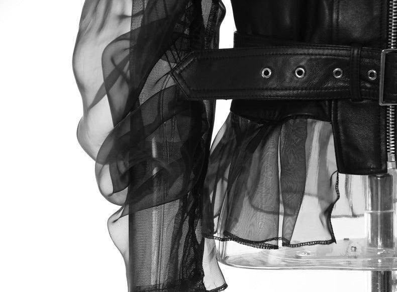 Domineering Stitching Mesh Transparent Leather Coat Motorcycle Jacket - Magellan Fashion Shop