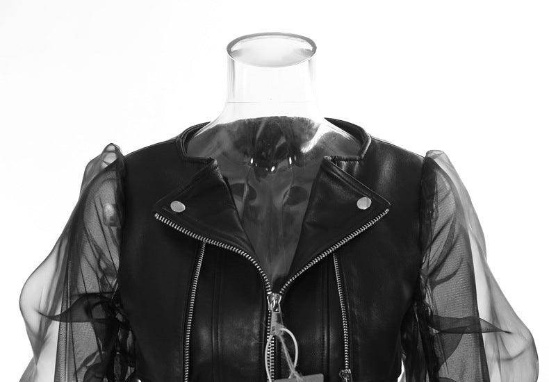 Domineering Stitching Mesh Transparent Leather Coat Motorcycle Jacket - Magellan Fashion Shop