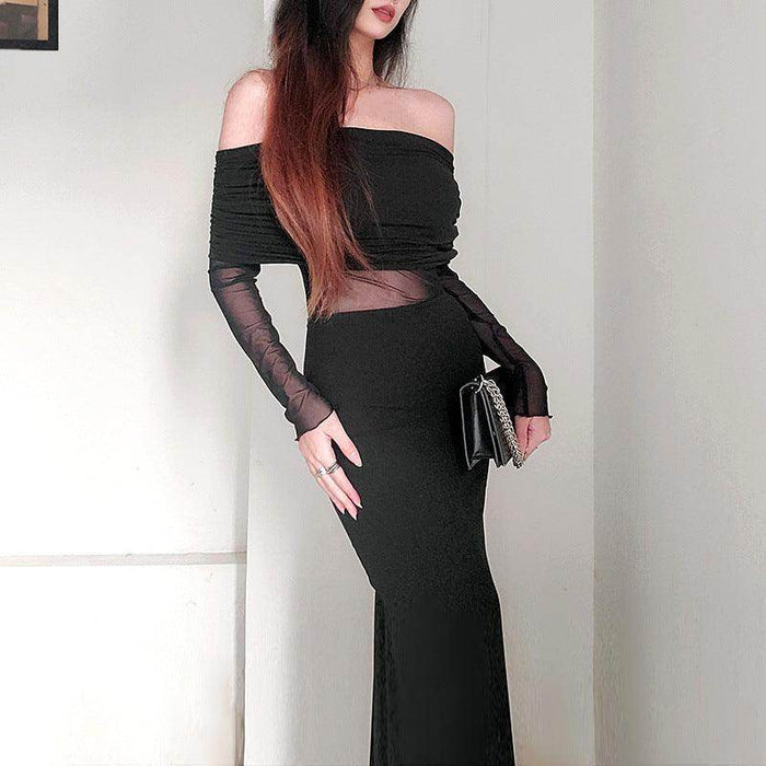 Women's Winter Sexy Off-the-shoulder Pleated Long Sleeve Polyester Dress - Magellan Fashion Shop