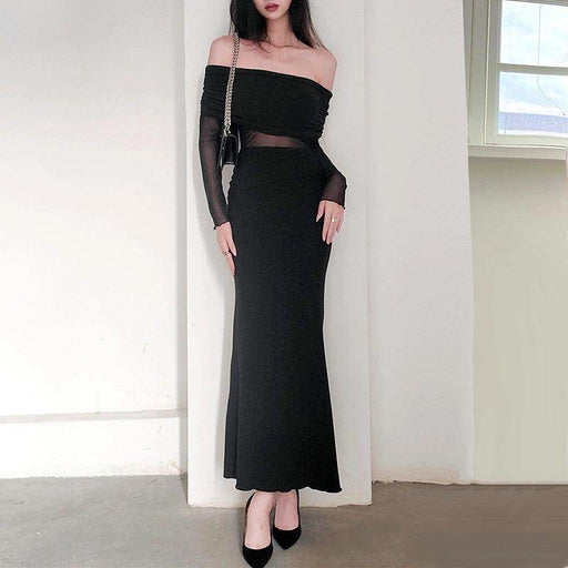 Women's Winter Sexy Off-the-shoulder Pleated Long Sleeve Polyester Dress - Magellan Fashion Shop