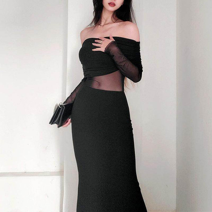 Women's Winter Sexy Off-the-shoulder Pleated Long Sleeve Polyester Dress - Magellan Fashion Shop