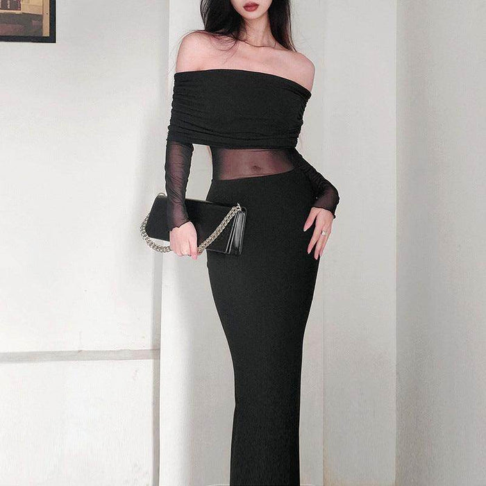 Women's Winter Sexy Off-the-shoulder Pleated Long Sleeve Polyester Dress - Magellan Fashion Shop