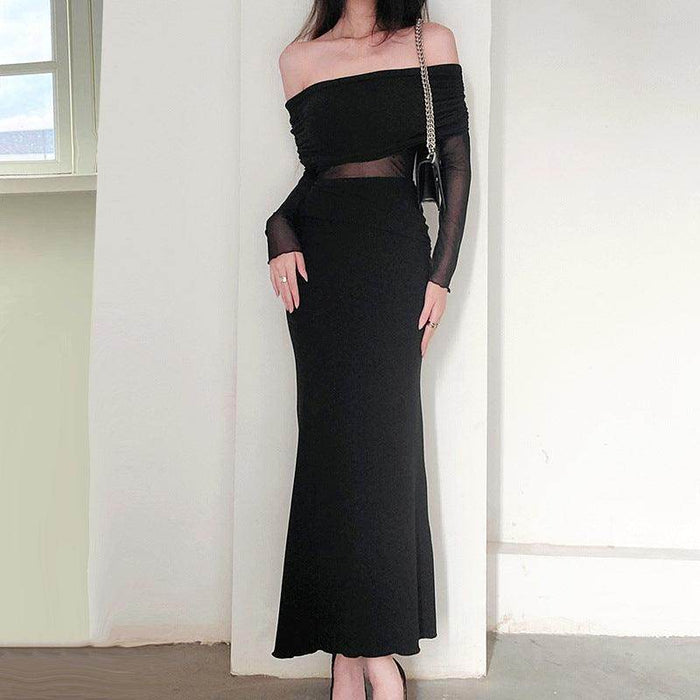 Women's Winter Sexy Off-the-shoulder Pleated Long Sleeve Polyester Dress - Magellan Fashion Shop