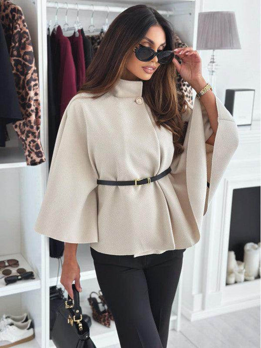 New Stand Collar Batwing Sleeves Cloak Top With Belt Ins Fashion Temperament Jacket Woolen Sweater Outwear For Women Clothing - Magellan Fashion Shop
