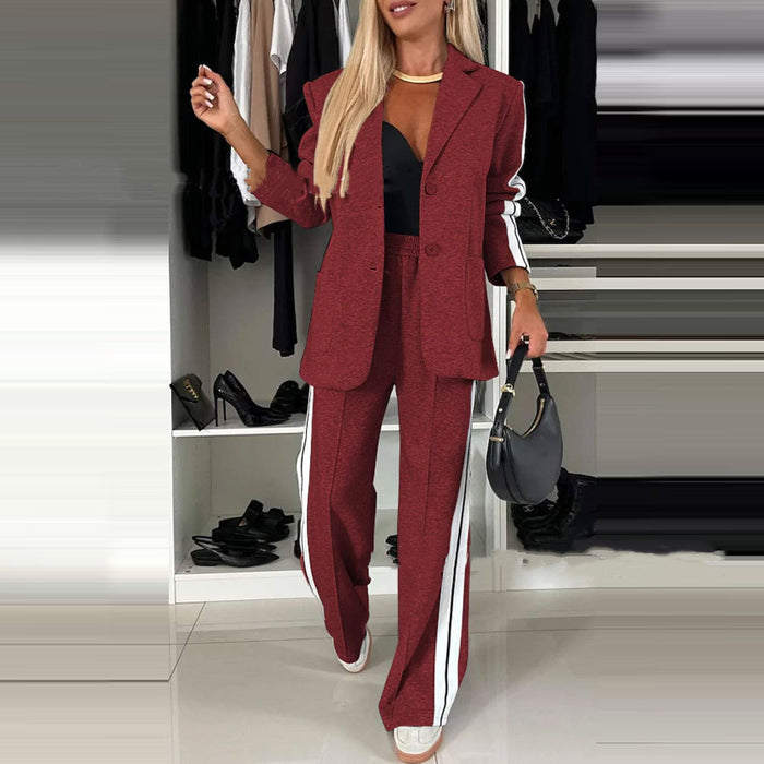 Women's Casual Suit Lapel Single-breasted Jacket And Striped Straight Pants