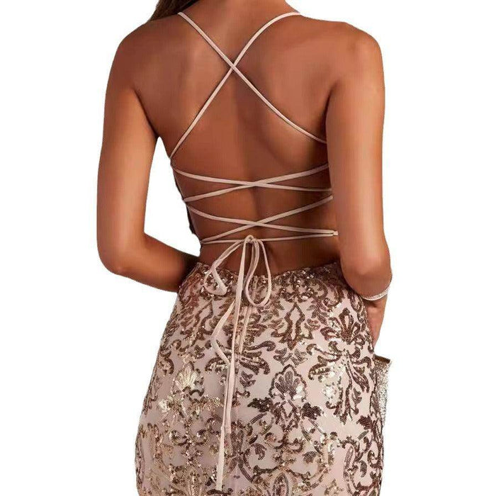 Off-neck Sequined Floor-length Evening Elegant Slit Banquet Party Dress - Magellan Fashion Shop