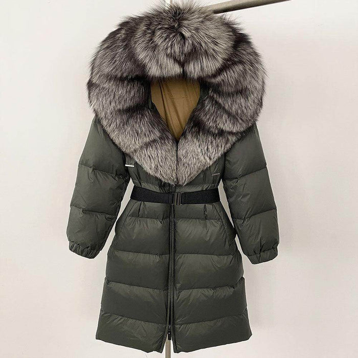 Women's Long Cinched Hoodie Real Fox Collar Fur Down Jacket Coat - Magellan Fashion Shop