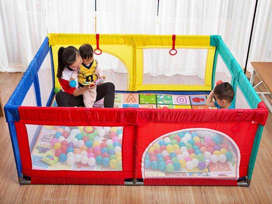 Baby crawling mat with soft cushioned surface and durable toddler fence for safe playtime