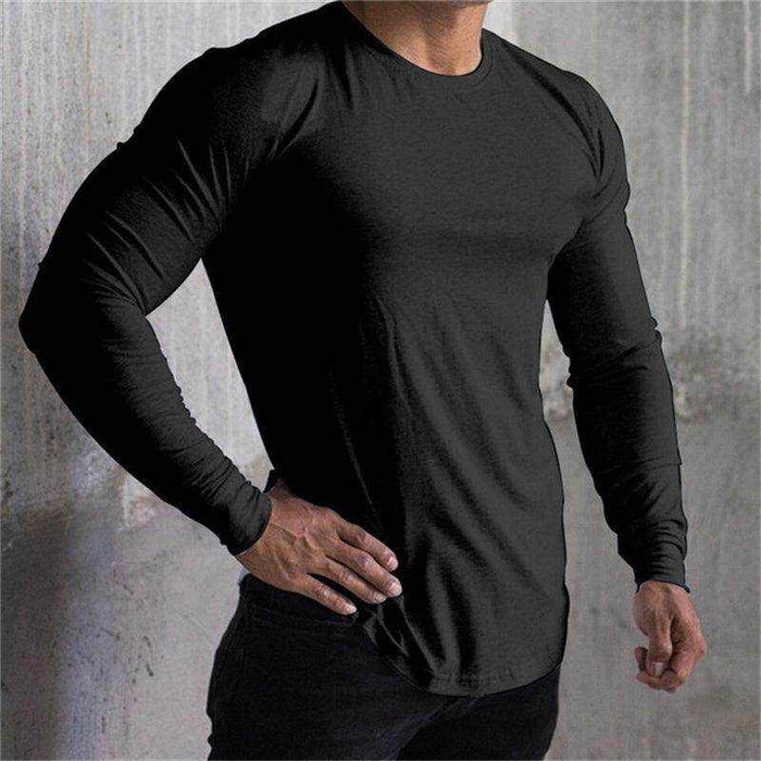 Men's slim fit long sleeve quick dry gym workout t-shirt in plain cotton with round neck
