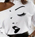 Women's White Long Sleeve T-Shirt With Cartoon Line Pattern & Open Shoulder - Magellan Fashion Shop