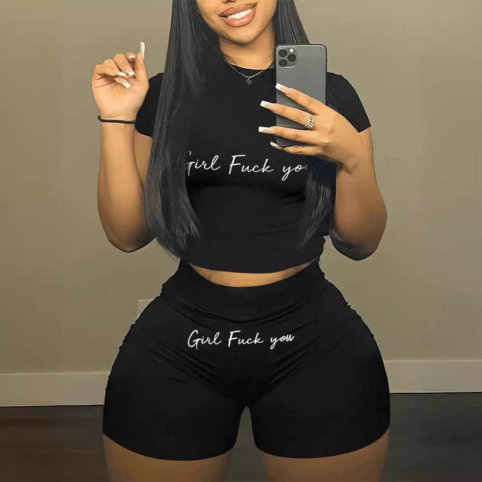 Women's Printed Sports Letter Print Short-sleeve Shorts Casual Two-piece Suit - Magellan Fashion Shop