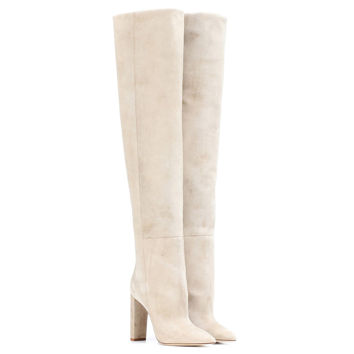 Pointed chunky heel pleated knee high boots