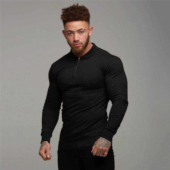 Men's fitness sports long-sleeved polo shirt in plain design for casual spring and autumn wear