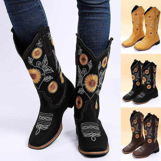 Cowboy Boots Women Sunflower Embroidery Shoes Low Heel Western Boot - Magellan Fashion Shop