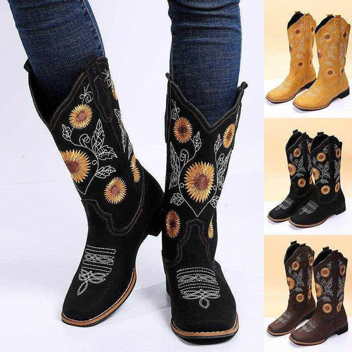 Cowboy Boots Women Sunflower Embroidery Shoes Low Heel Western Boot - Magellan Fashion Shop