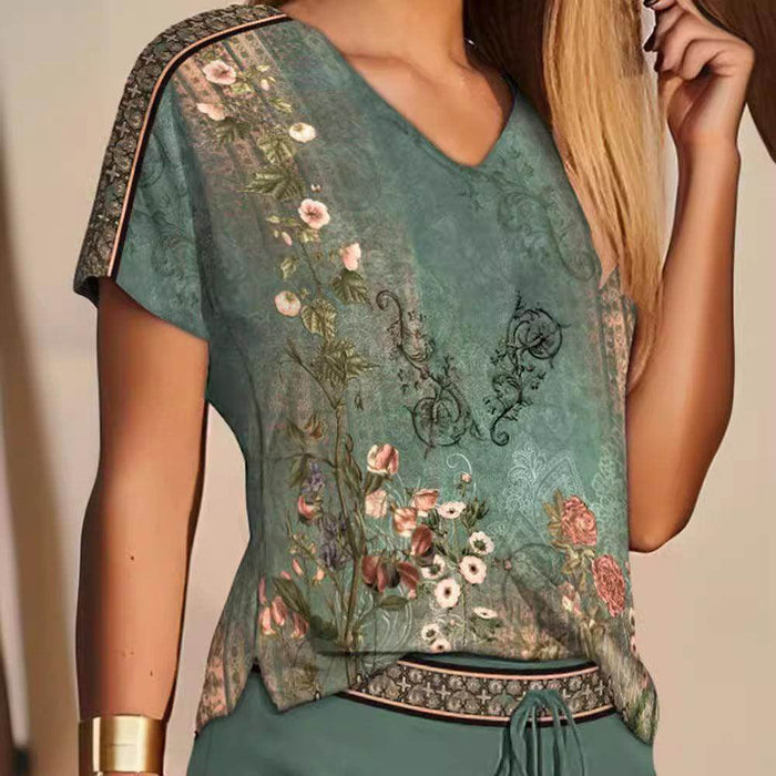 Fashion Printed Comfortable V-neck Top And Shorts Two-piece Set - Magellan Fashion Shop