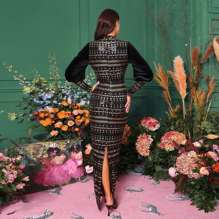 Long Sleeve Round Neck Sequins Slit Evening Dress - Magellan Fashion Shop